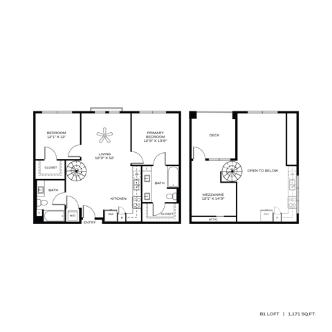 Floor plan for 2 beds, 2 baths, 1171 sqft